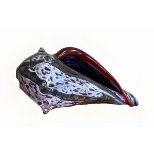 Vintage Hand Blown Art Glass Shell Sculpture Red White Spatter Sommerso 10.25"